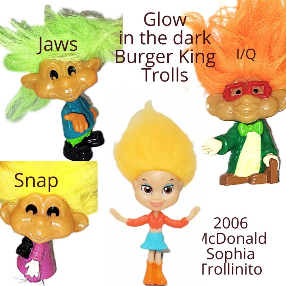 (3B) 4- 3" Vintage McDonalds & Burger King Glow in the Dark(untested) Troll Lot
